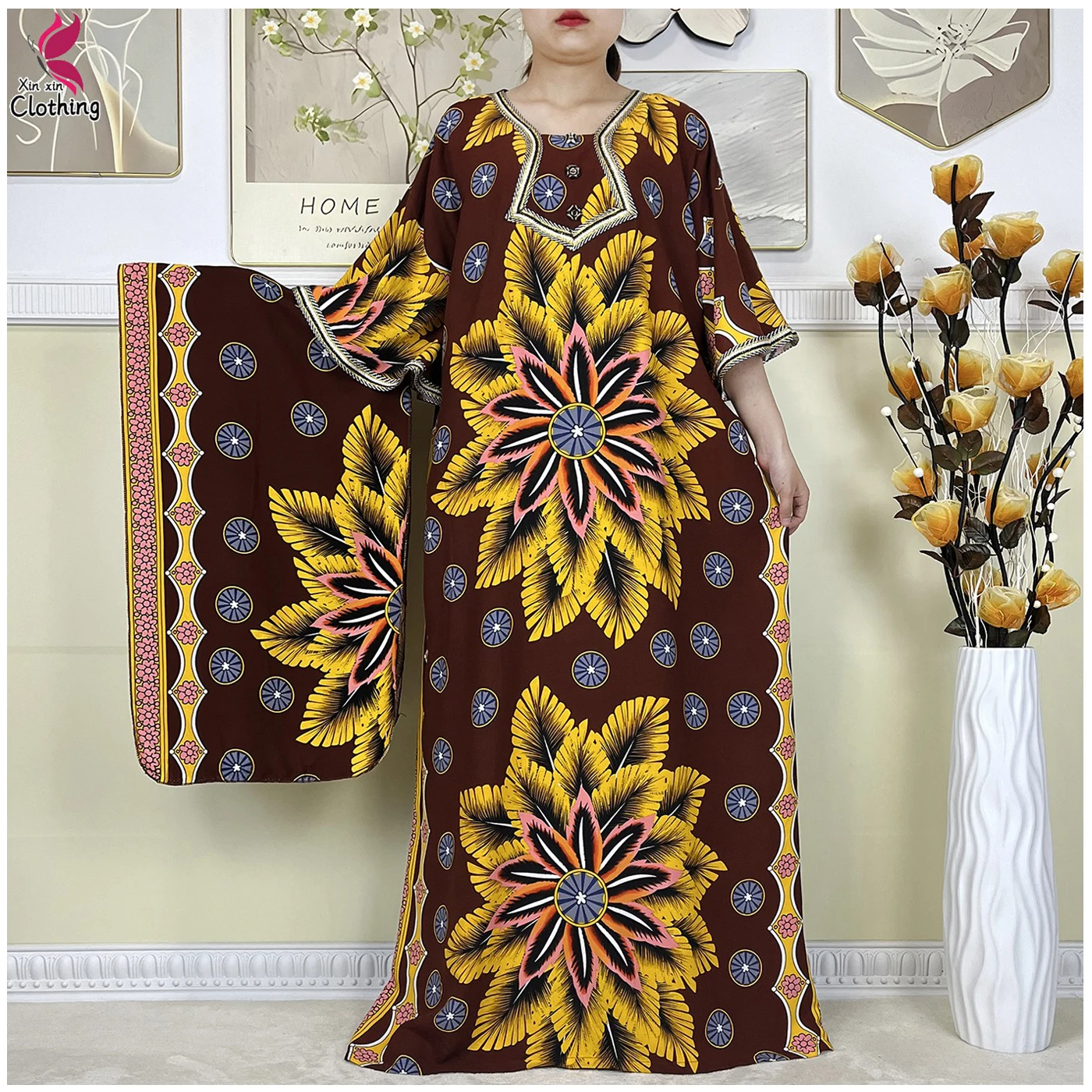 

New Style High Quality Muslim Abayas For Women Dress 100%Cotton Dubai Fashion Pocket Printed African Dashiki Femme Loose Dress