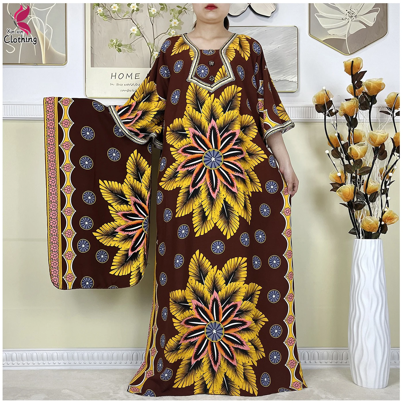 New Style High Quality Muslim Abayas For Women Dress 100%Cotton Dubai Fashion Pocket Printed African Dashiki Femme Loose Dress