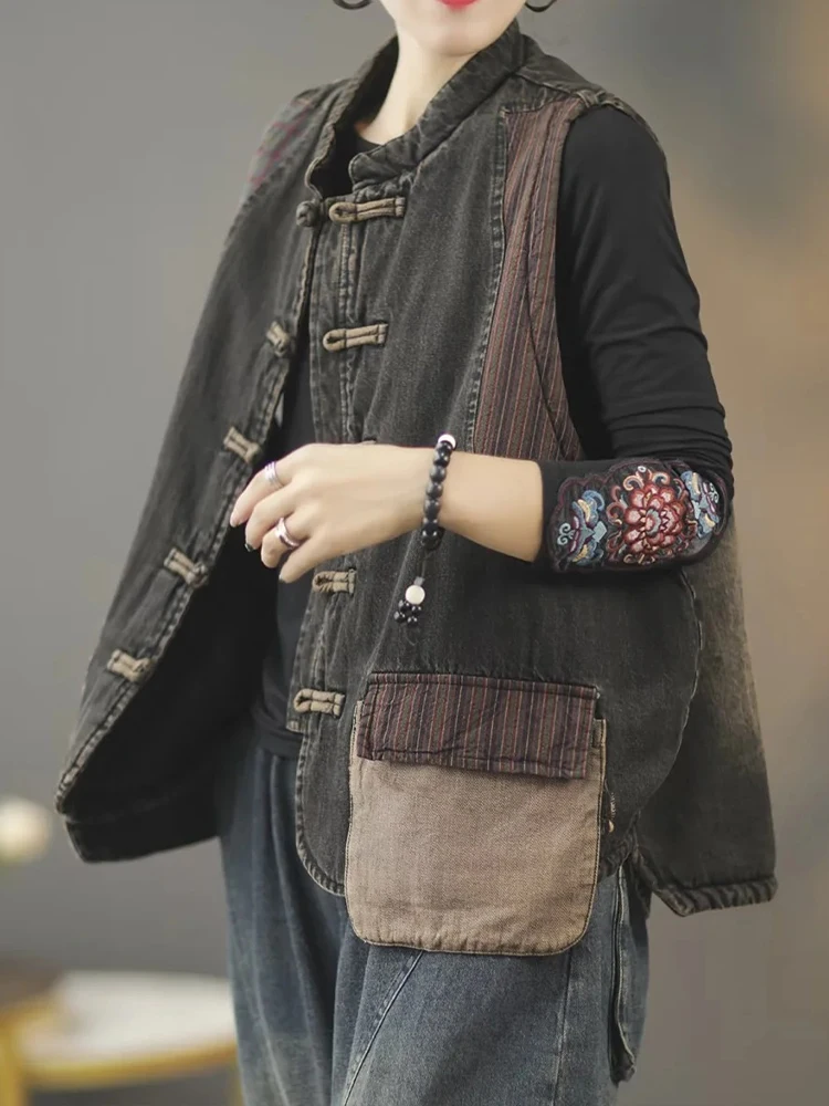 Masss Wasss 2023 Winter Denim Padded Sleeveless Clothes Womens Fashion Chinese Style Loose Vest Ladies Casual Vintage Punk Coats