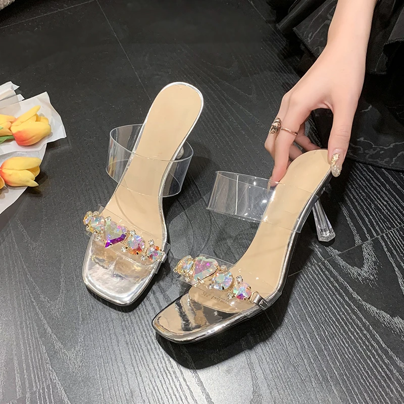 

2023 Women Summer 7cm High Heels Slides Mules Lady Cinderella Crystal Diamond Transparent Slippers Sandals Clear Heels PVC Shoes