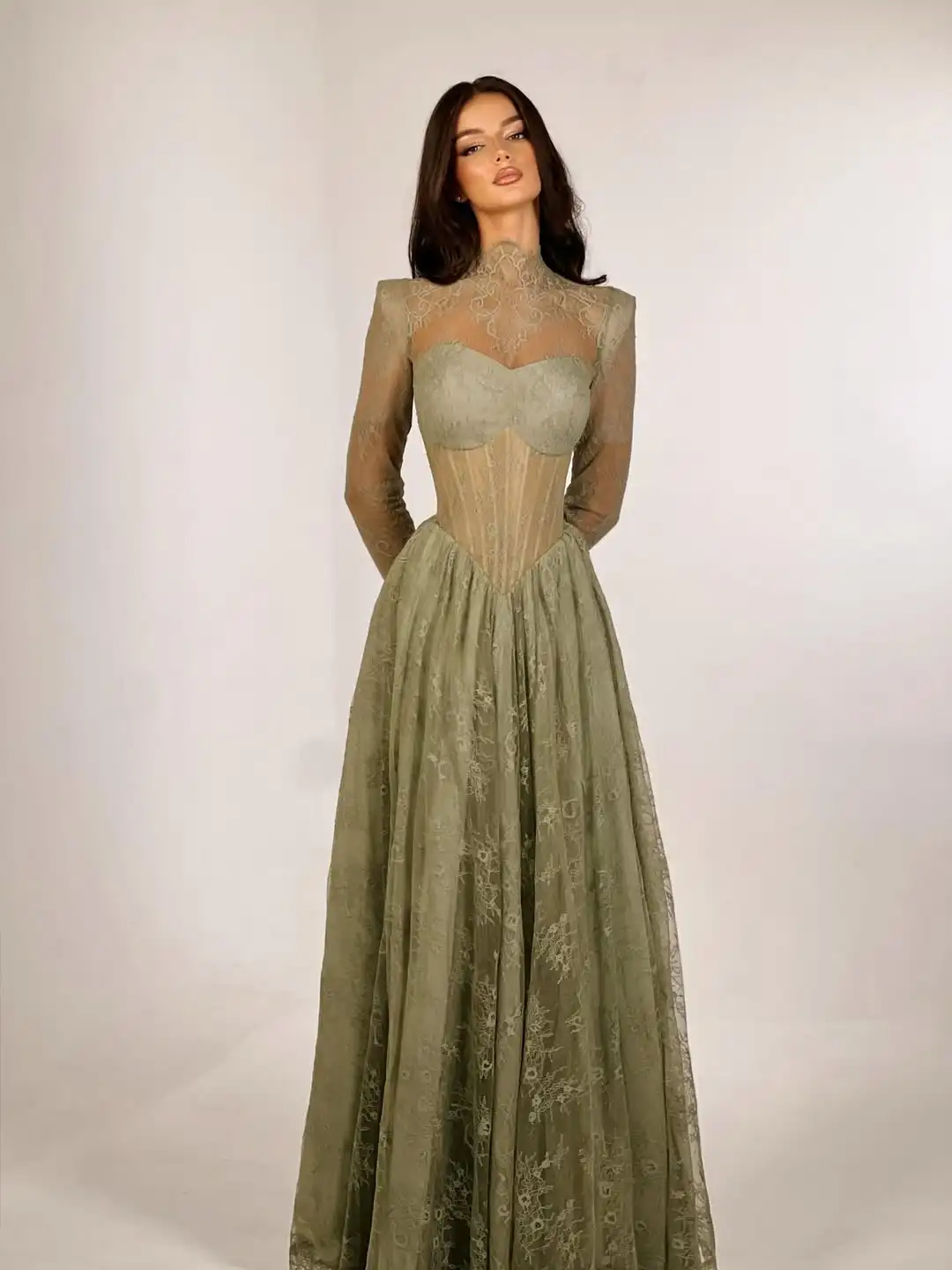 Ofherown – robe de soirée en dentelle vert sauge, col haut, transparente, ligne a, manches longues, Corset, robes de bal pour fête, tapis rouge, personnalisé, 2026