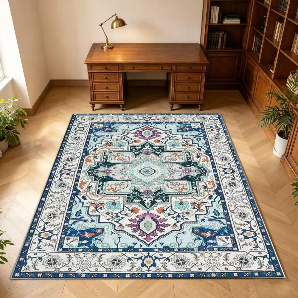 Persian Sky Blue Carpet, Soft and Comfortable, Suitable for All Seasons, Easy to Maintain, Machine Washable, Indoor Rug, Suitable for Living Room, Bedroom, Dining Room, Hallway, Office, Terrace, Home and Outdoor Decoration