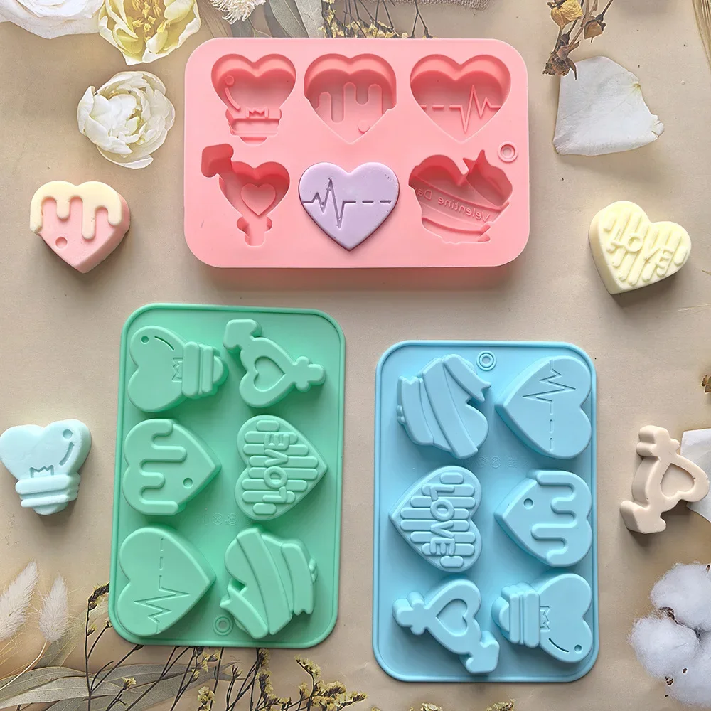 6 Holes Mix Love Chocolate Molds Heartbeat Relief Biscuit Silicone Moulds Light Bulb Scented Candles Soap Valentine’s Day Gifts