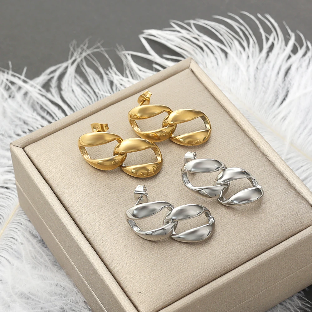 ZMfashion Stainless steel chain earrings hollowed out double ring earrings fashionable Unique women's earrings