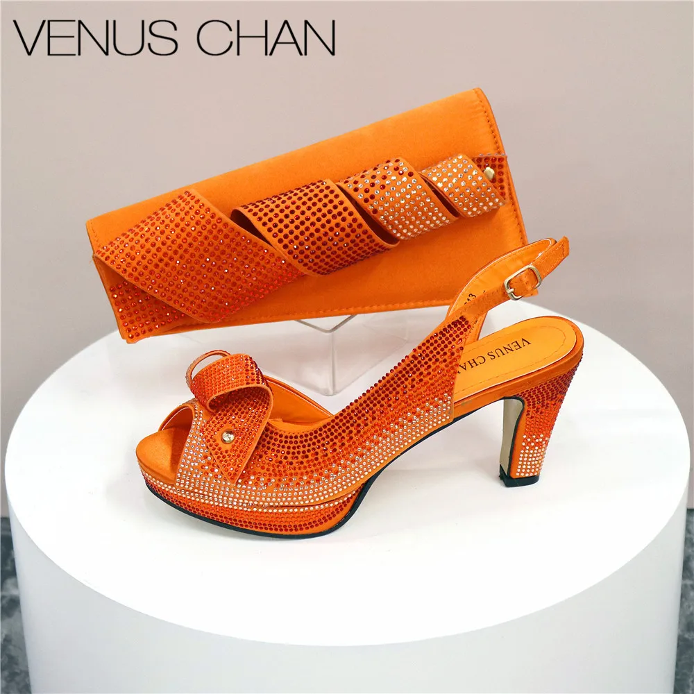 

New Nigerian Popular Sparkling Full Diamond Decoration Simple Versatile Orange Women's Shoes and Party Wedding Bags