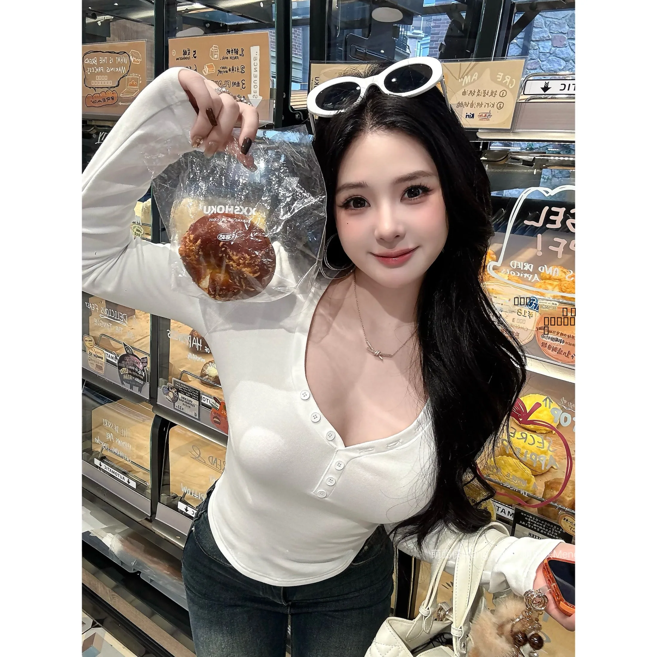 

Вязаный топ Cute Face Hero【Dreng】Slim Fit с V-образным вырезом и длинными рукавами для женщин, мягкий, из полиэфирного волокна, для повседневной носки