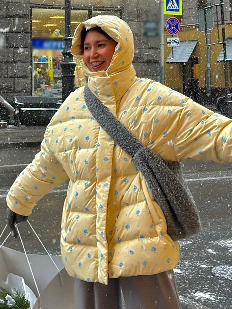 Women's New Warm Jackets Stand Collar Print Hooded Cotton Jacket Woman Detachable Hat Loose Long Sleeve Casual Coats Versatile