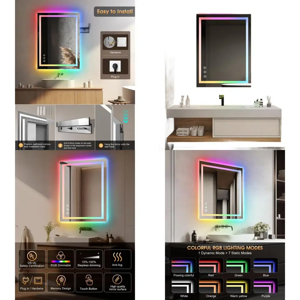 

24x32 Inch LED-Illuminated Bathroom Mirror with RGB Color Changing, Dimmable, Anti-Fog, IP54 Waterproof Vanity Mirror