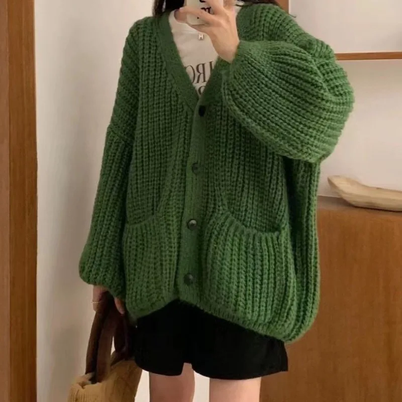 

OCEANLOVE Thick Mohair Cardigans Solid V Neck Korean Fashion Warm Woman Sweaters Autumn Winter Vintage Pockets Sueter Mujer