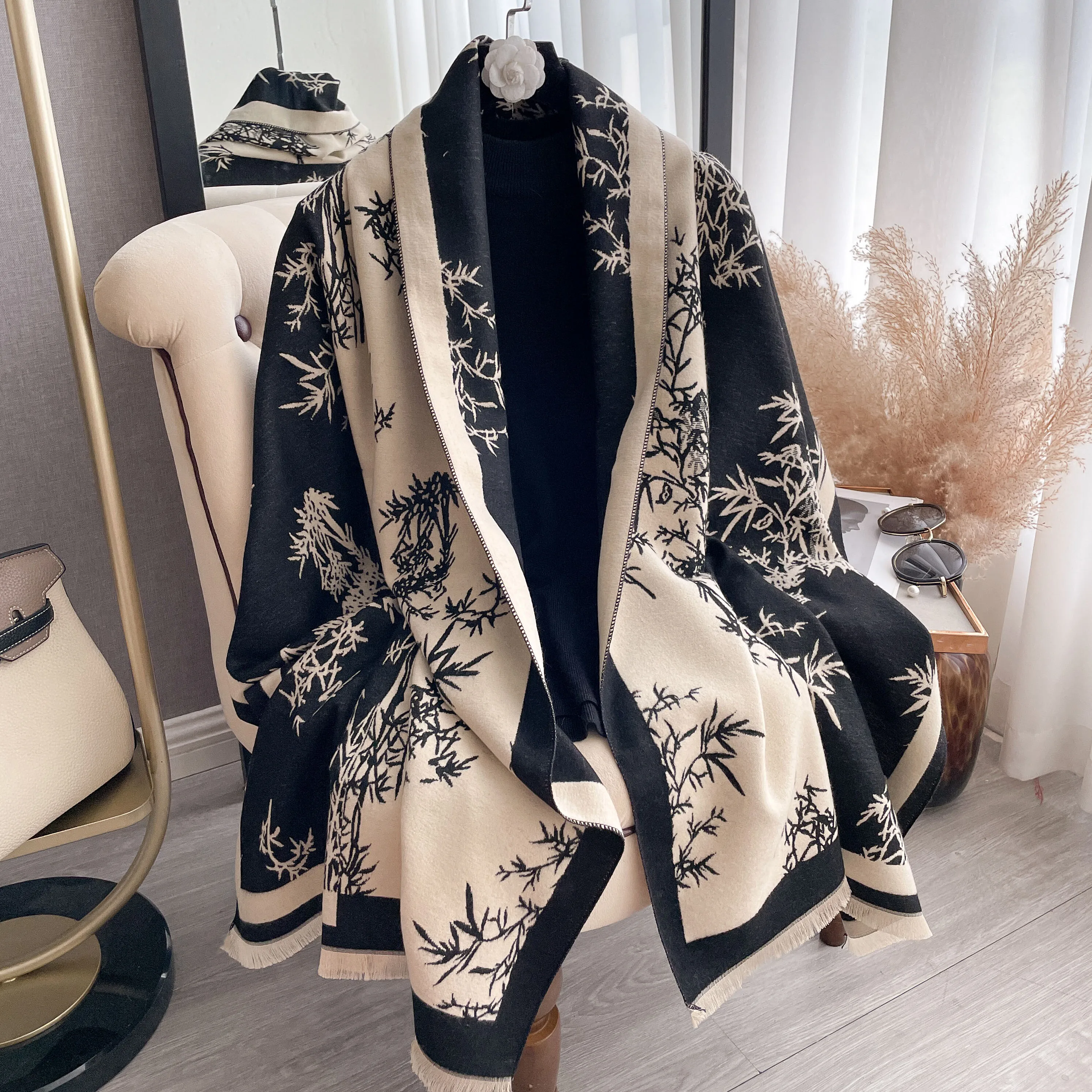 New Warm Poncho Cashmere Winter Women Scarf Bamboo leaf Print Shawl Wraps Female Thick Pashmina Blanket Bufanda Travel Echarpe