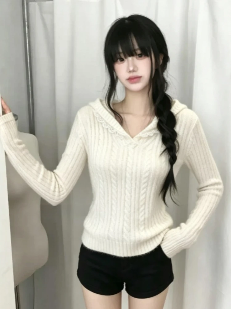 Sweet Elegant Y2K Aesthetic Knitted Sweater Ladies Harajuku Subculture Long Sleeve Slim Fit Hooded Pullover Retro Daily Jumper