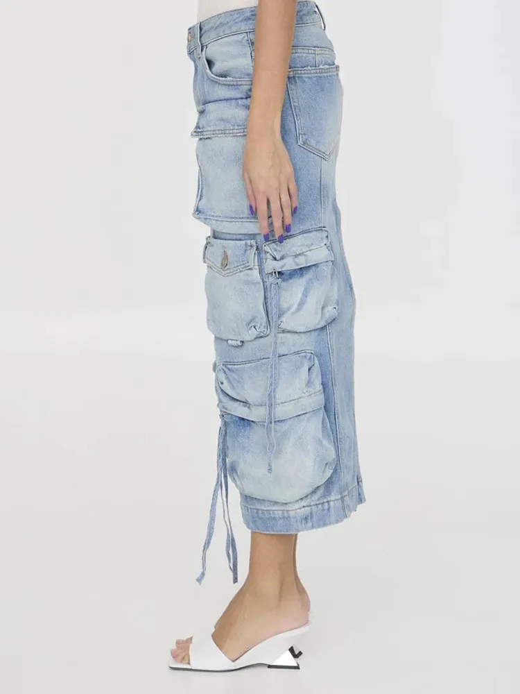 TWOTWINSTYLE Solid Spliced Buttons Denim Skirts For Women High Waist Patchwork Pockets Casual Loose Split Skirt Female Fashion