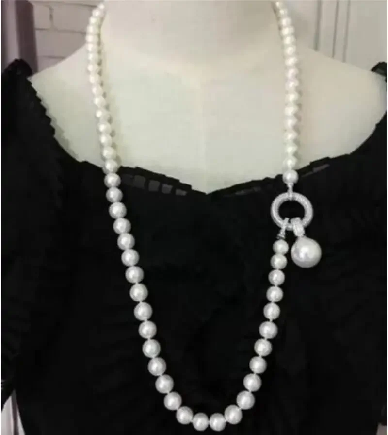 Hand knotted natural 60CM 9-10mm white freshwater pearl necklace sweater chain long fashion jewelry