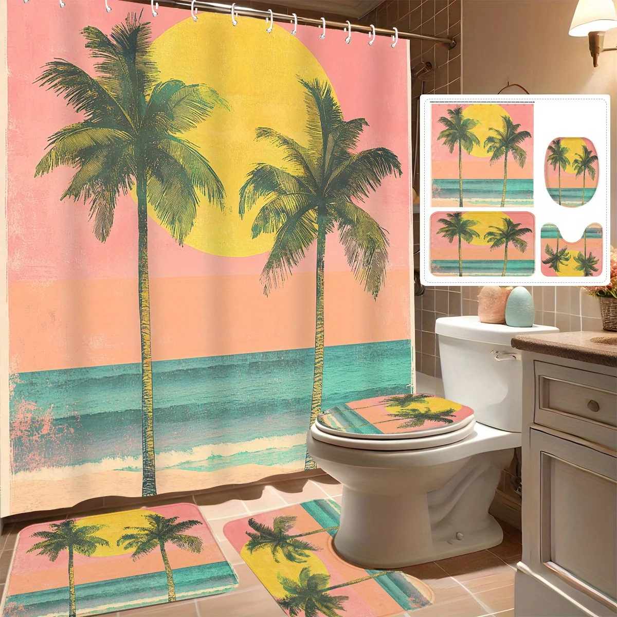 

4pcs Shower Curtain Set, Tropical Palm Beach Sunset, Modern Bathroom Decor, Includes 12 Hooks, Non-Slip Bath Mat, U-Shaped