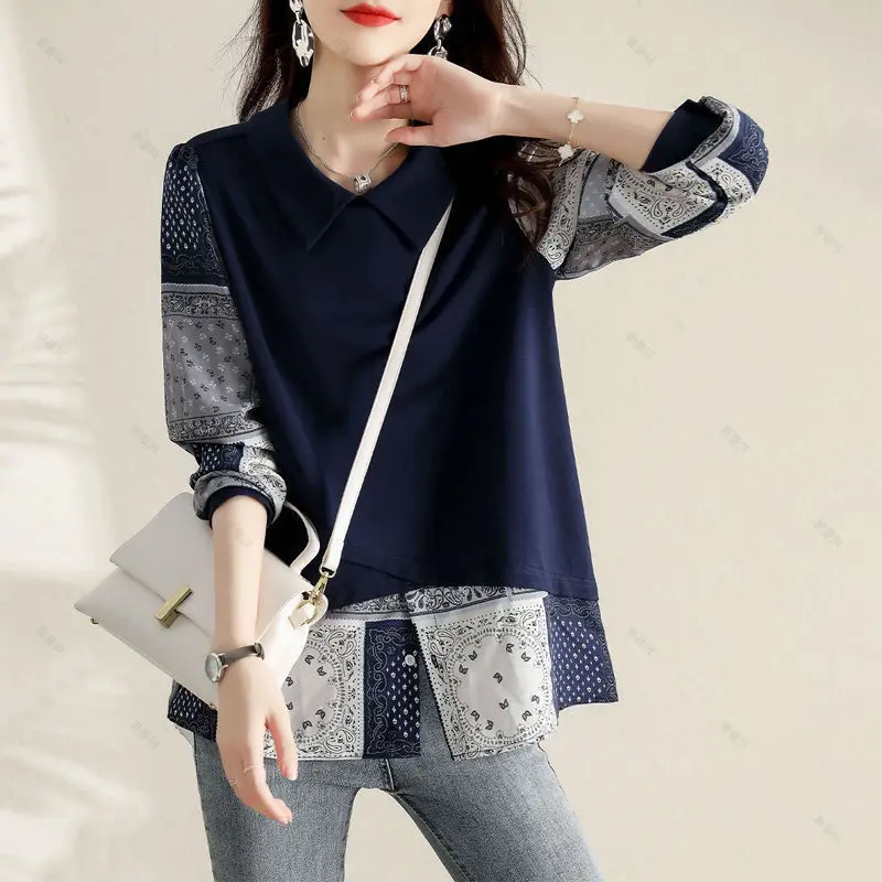 Fashion Printed Spliced Fake Two Pieces Blouses 2022 New Oversized Casual Pullovers Loose Commute Women\'s Clothing Korean Shirt