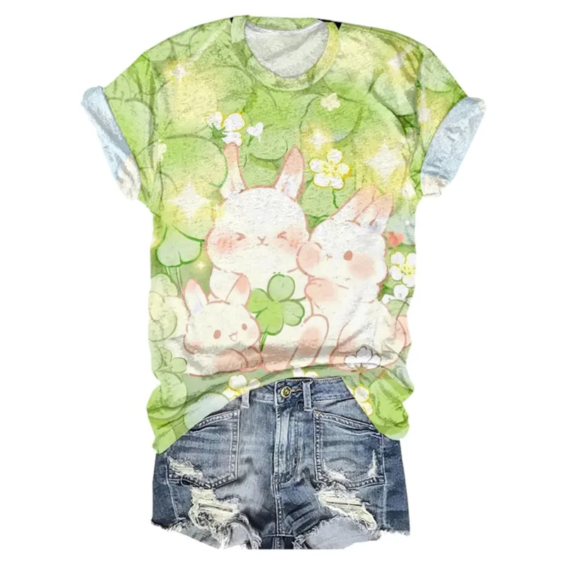 

St.Patrick'S Day Women Short O-Neck Short Sleeve Shirt Funny Cartoon Slouchy Little Rabbit Loose TShirt Printed Breathable Shirt