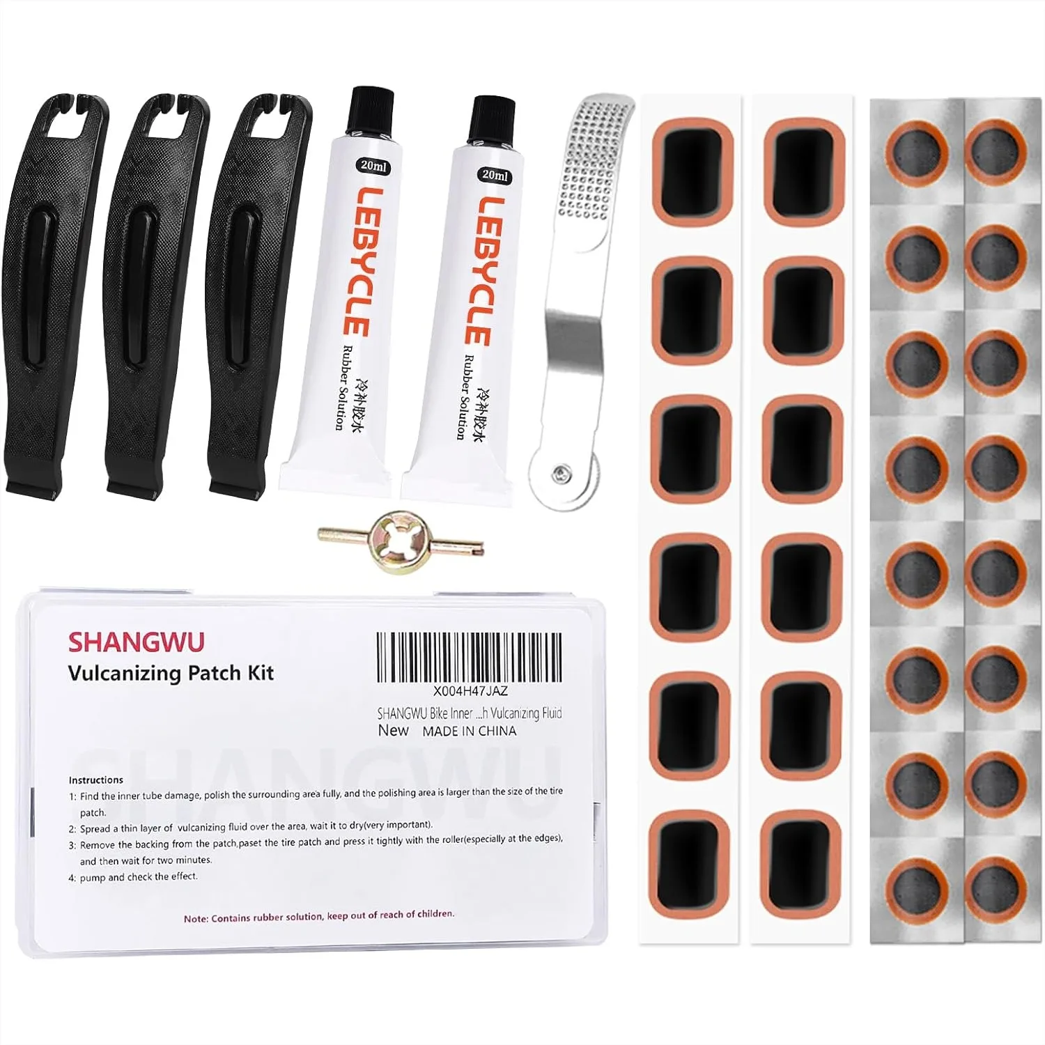 

35 PCS Bike Tire Repair Kit with Vulcanizing Patches, Rubber Solution, Metal Rasp, Tire Levers, Portable Box for MTB BMX Road