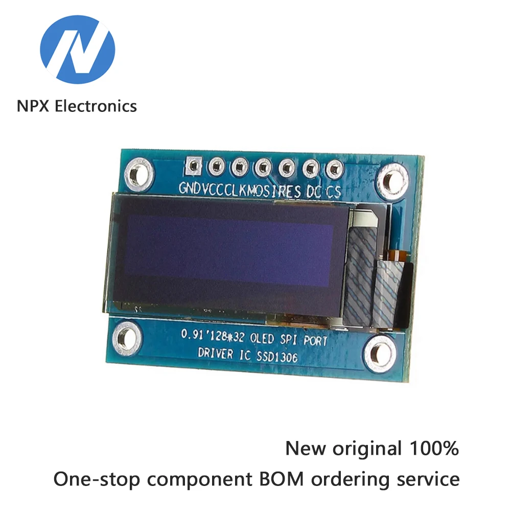 

7-pin 0.91-inch OLED display module with SPI interface. White/blue display.