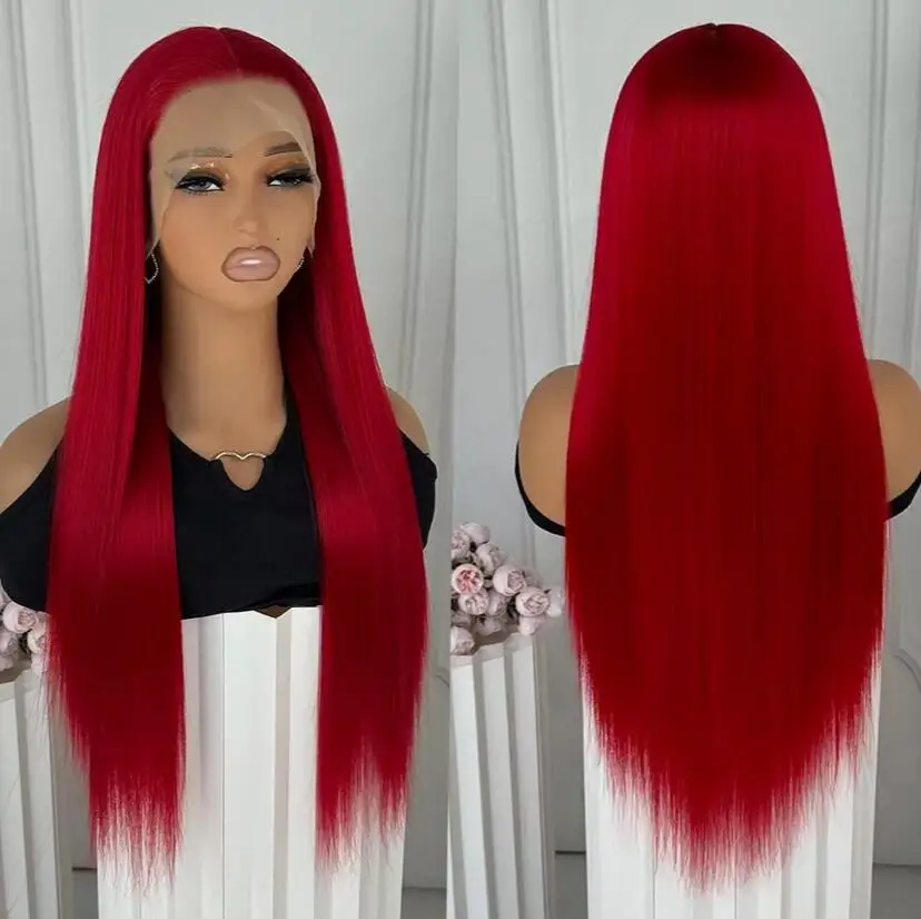 Heat Resistant Hair Women Mermaid red Long Straight Frontal T Lace Wigs