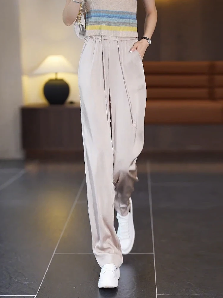 

High Waist Wide Leg Pants Women's Summer Thin Ice Silk Loose Drape Casual Straight Leg Pants Korean Style Commute Wind