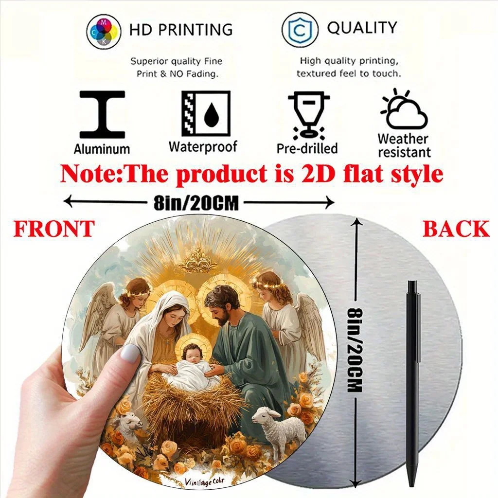 2D Vintage Metal Sign, Flat Aluminum Wall Art, Religious Nativity Scene with Holy Family, Shepherds & Animals, for Home Office L