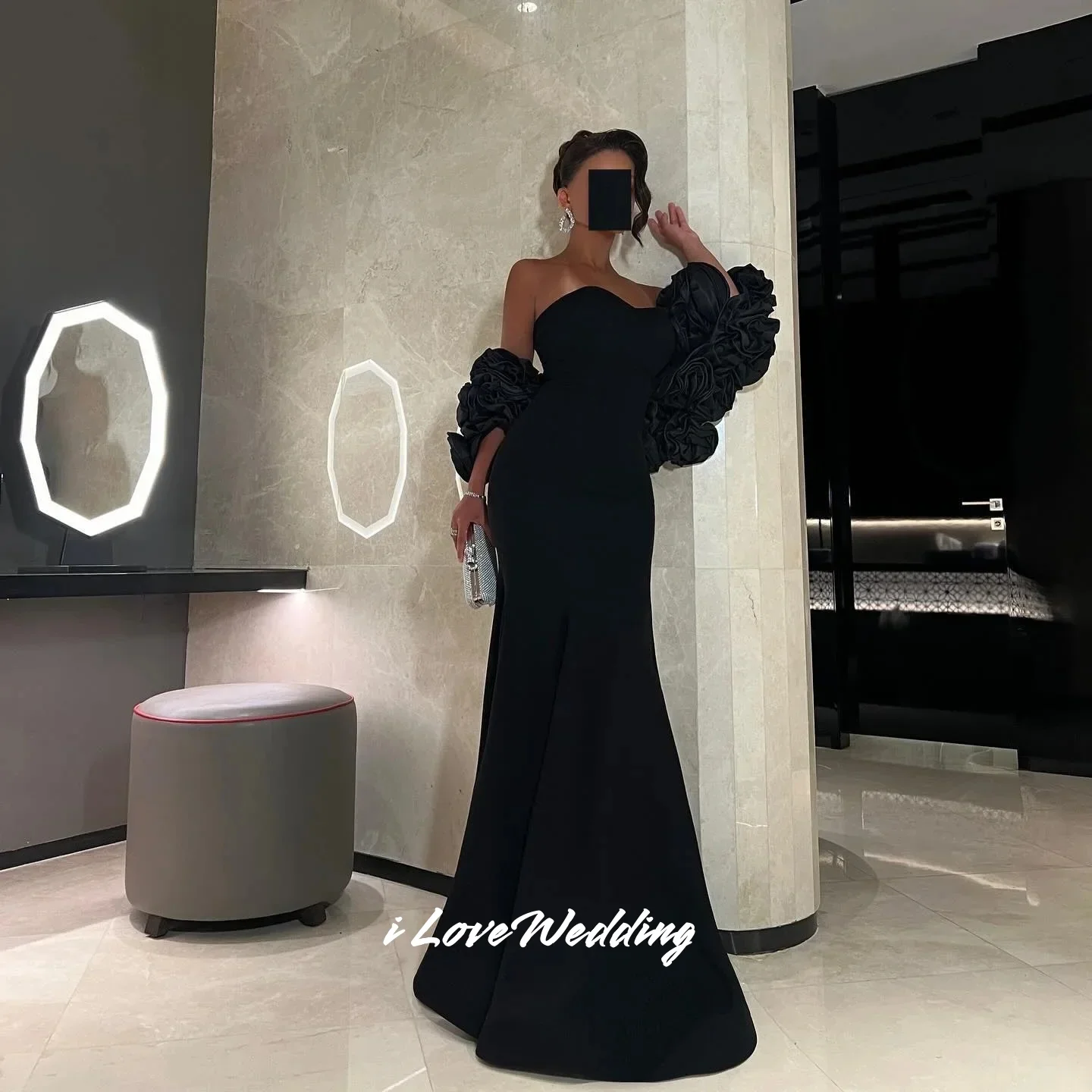 فساتين سهرة سوداء بدون حمالات 2025 بدون أكمام شال حورية البحر زهور ثلاثية الأبعاد طول الأرض فستان حفلة موسيقية فستان حفلات الزفاف مخصص