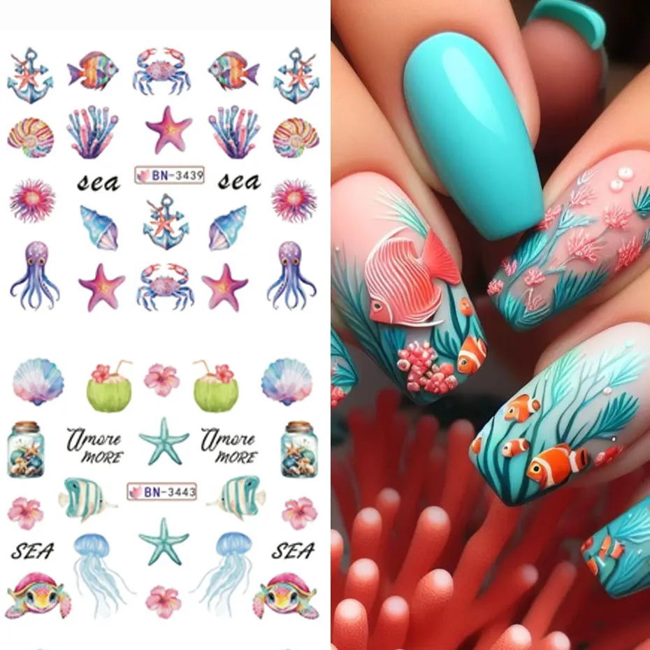 12 Design Creatura dell'oceano Adesivo per unghie ad acqua Cartoon Estate Mare Conchiglia di pesce Alghe Decalcomanie per unghie Carino 3D Trasferimento per unghie Cursore d'acqua