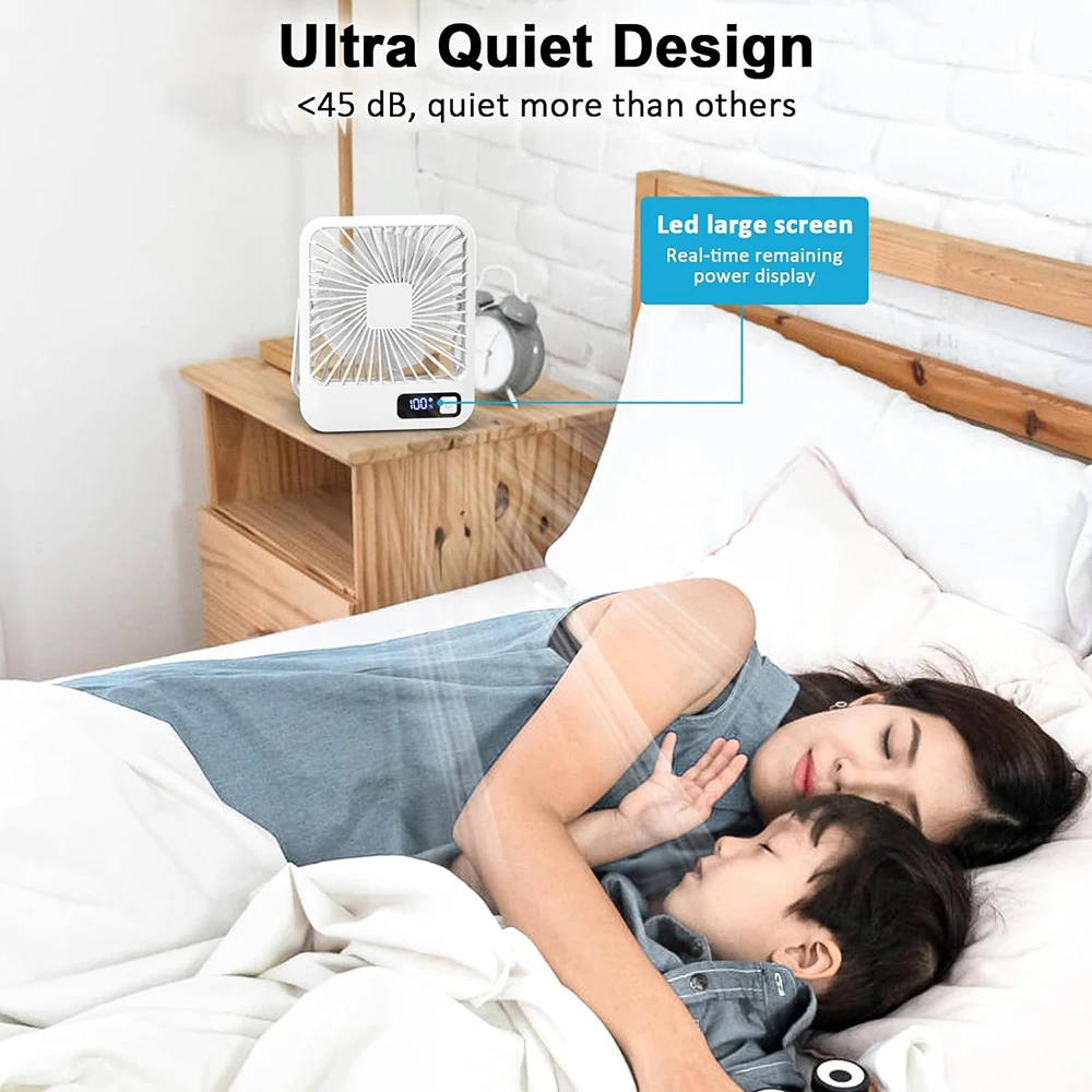 Desk Fan, 180° Tilt Folding Personal Fan With Power Display, 5 Speeds Ultra Quiet Table Fan, Portable USB Rechargeable Fan