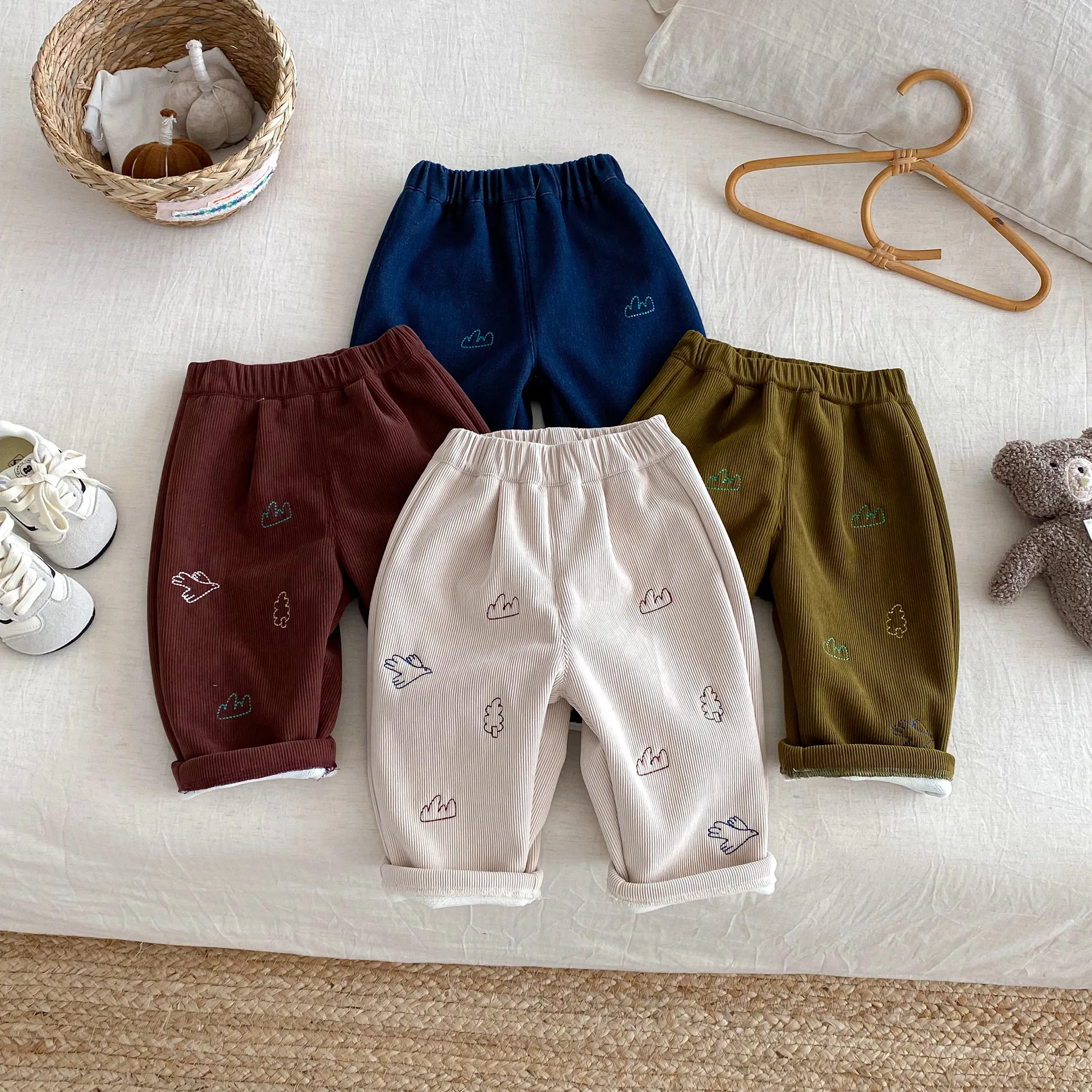 

2025 Kids Clothes Winter Corduroy Thicken Fleece Pants 0-5Y Boys Girls Cartoon Forest Embroidery Trousers