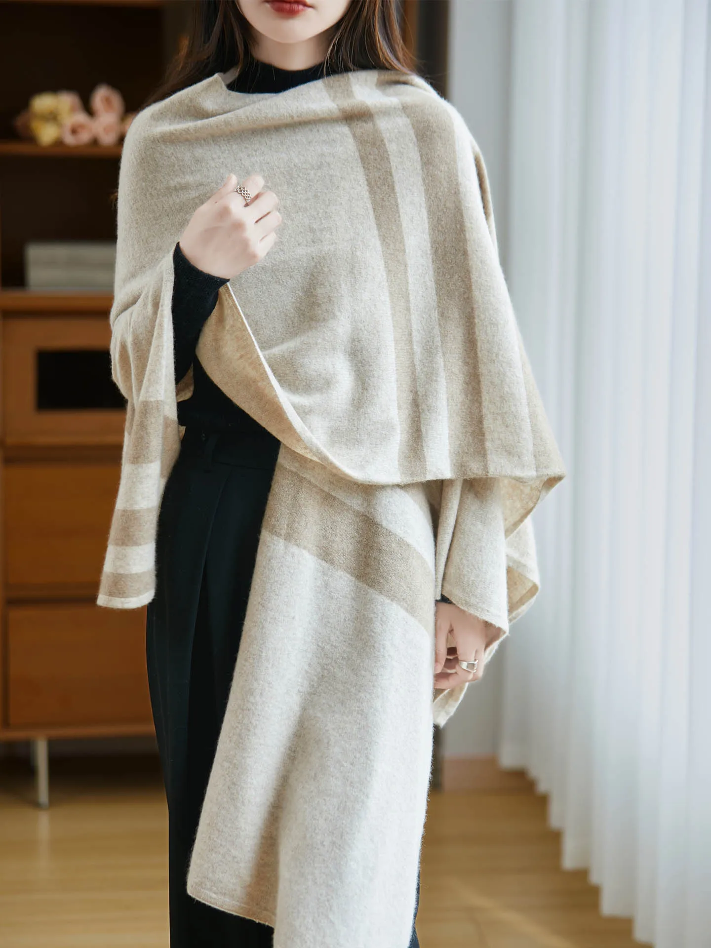 

Женская шаль из 100% шерсти Merino, осенне-зимний повседневный модный вязаный кашемировый полосатый шарф