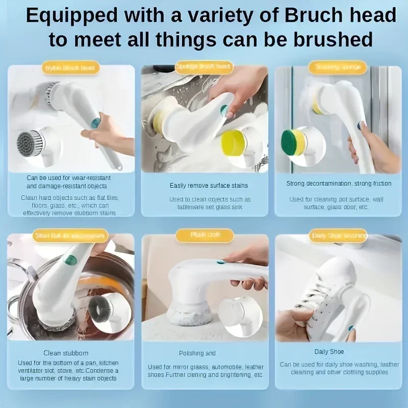 5 rechargeable electric cleaning brushes with replaceable heads, multifunctional cleaning brushes for kitchen, bathroom, etc.