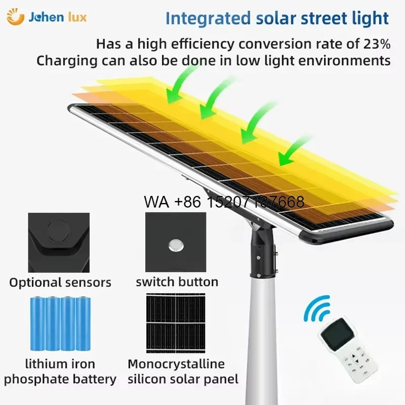Wmwmnu for Waterproof IP66 Energy Saving LED Monocrystalline Solar Panel Street Light LiFePO4 Battery Aluminum Alloy Garden