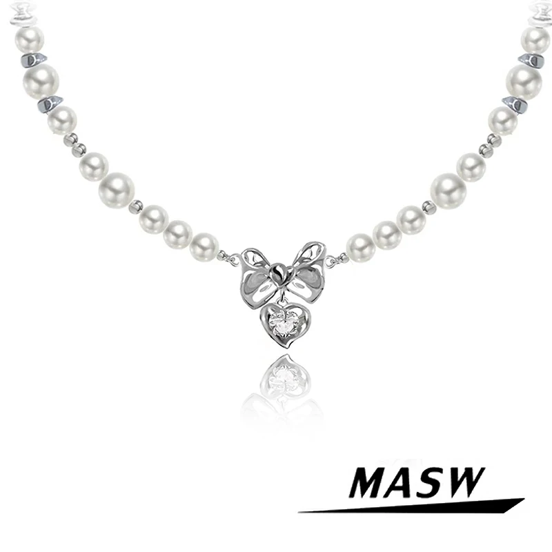 MASW Original Design Luxury Jewelry Bowknot 5A Zircon Heart Simulated Pearl Necklace For Women 2023 Trend New Accessories Gift