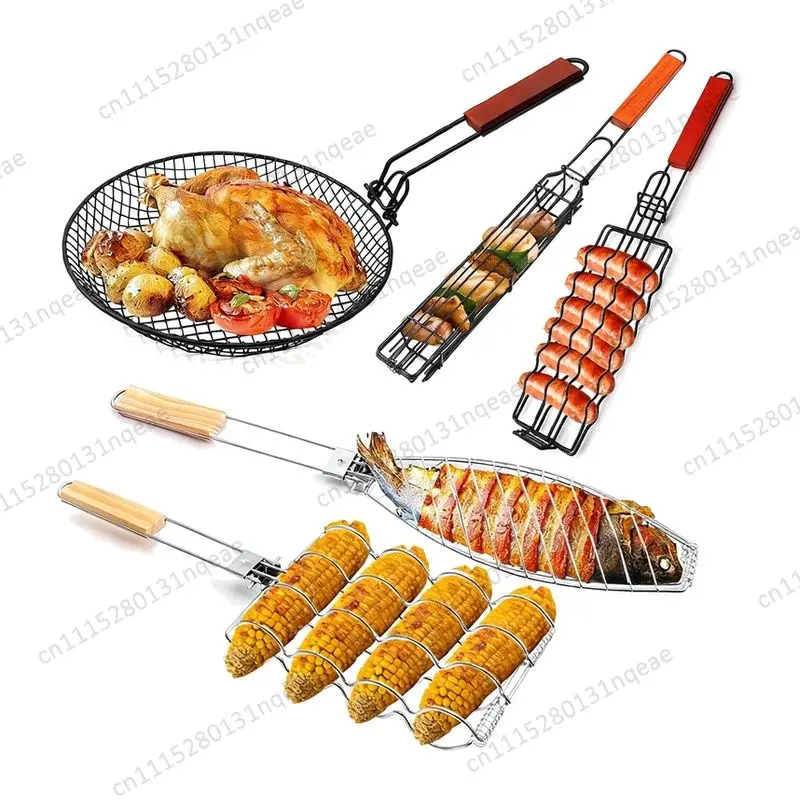 BBQ Basket Stainless Steel Fish BBQ Basket Wooden Handle Portable Outdoor BBQ Tool
