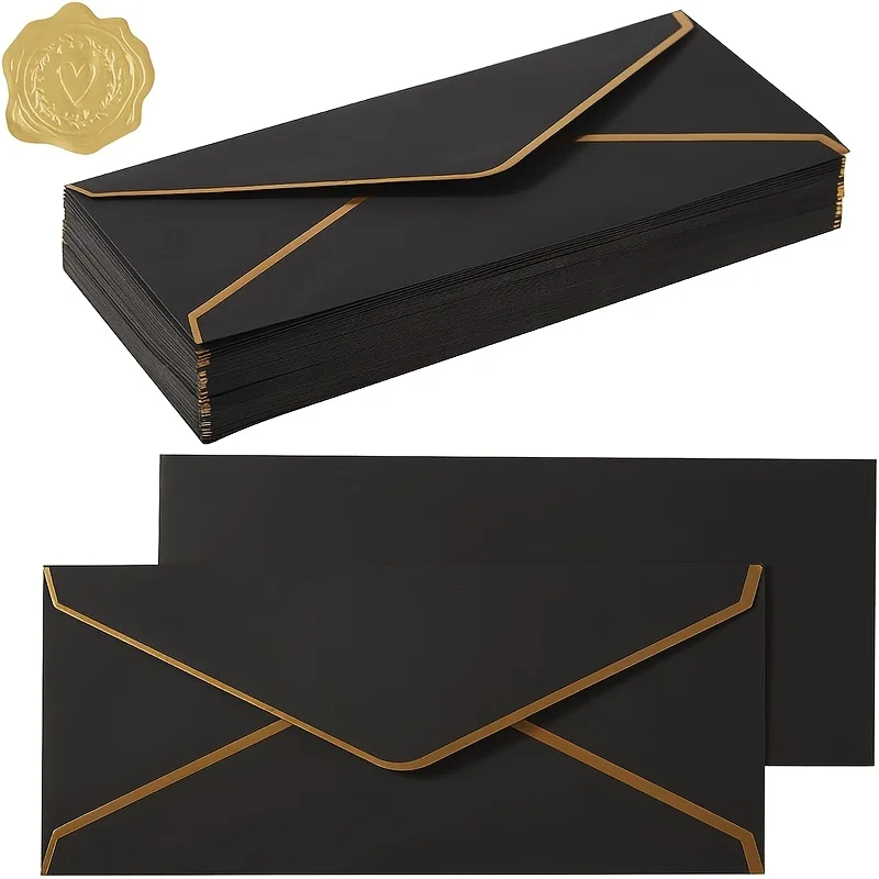 10 PCS  High-end Black Envelopes with Gold Edges, Invitation Letters