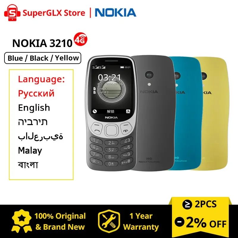 2024 New Original Nokia 3210 4G Feature Phone Dual SIM 1450mAh Bettery Bluetooth 5.0 Call Recording FM Radio Mobile Phone