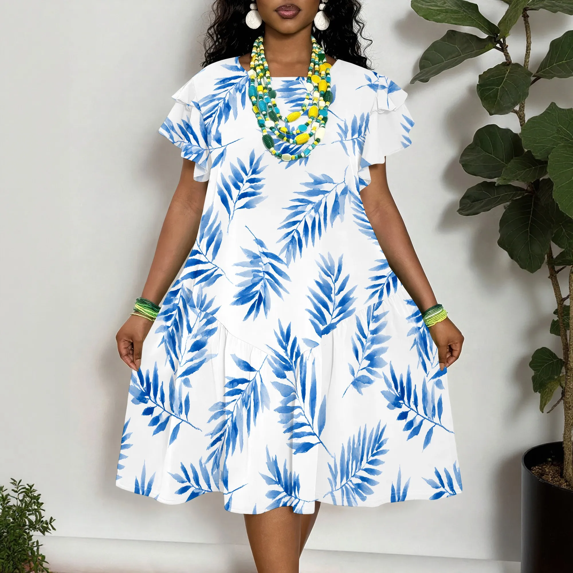 

Women's Plus Size Tropical Leaf Print Dress Short Sleeve Ruffle Tiered A-Line Summer Casual Midi Dress