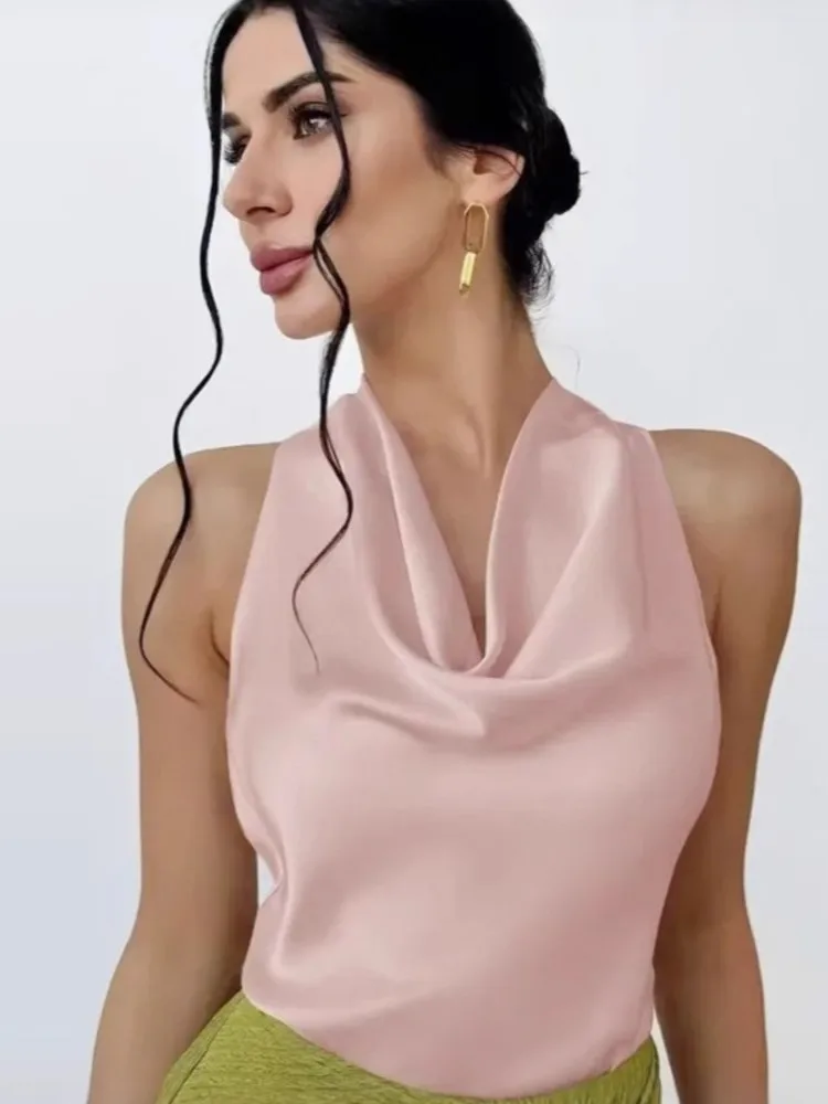 サテンホルターベスト レディース 夏新作 セクシー ノースリーブ ルーズ 無地 バックレス ボタン スリムトップ 女性用服 セクシーな女性用服