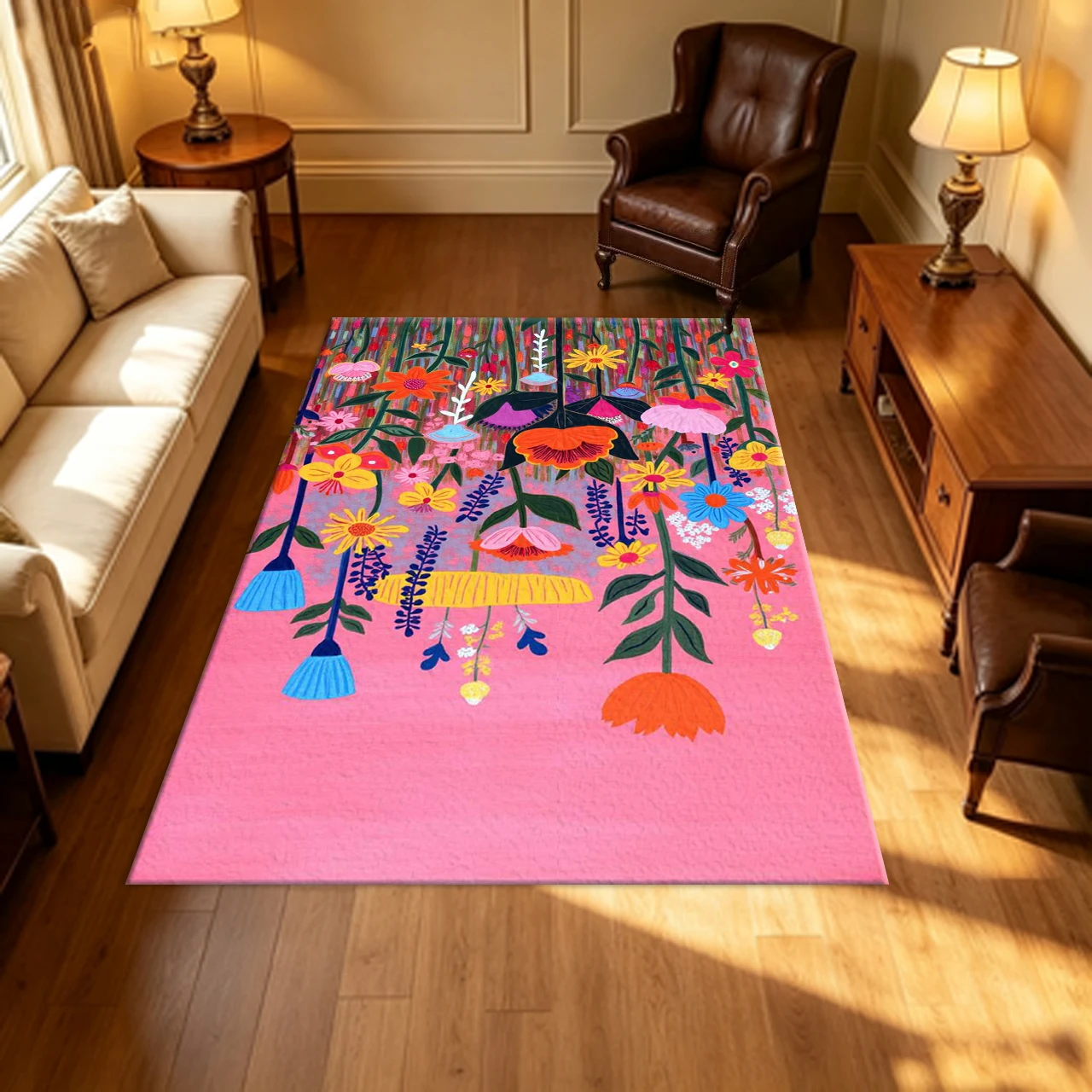Bright Pink Background Colorful Wildflower Oil Painting Carpet Flooring Boho Floral Art Household Indoor Decor Area Rug