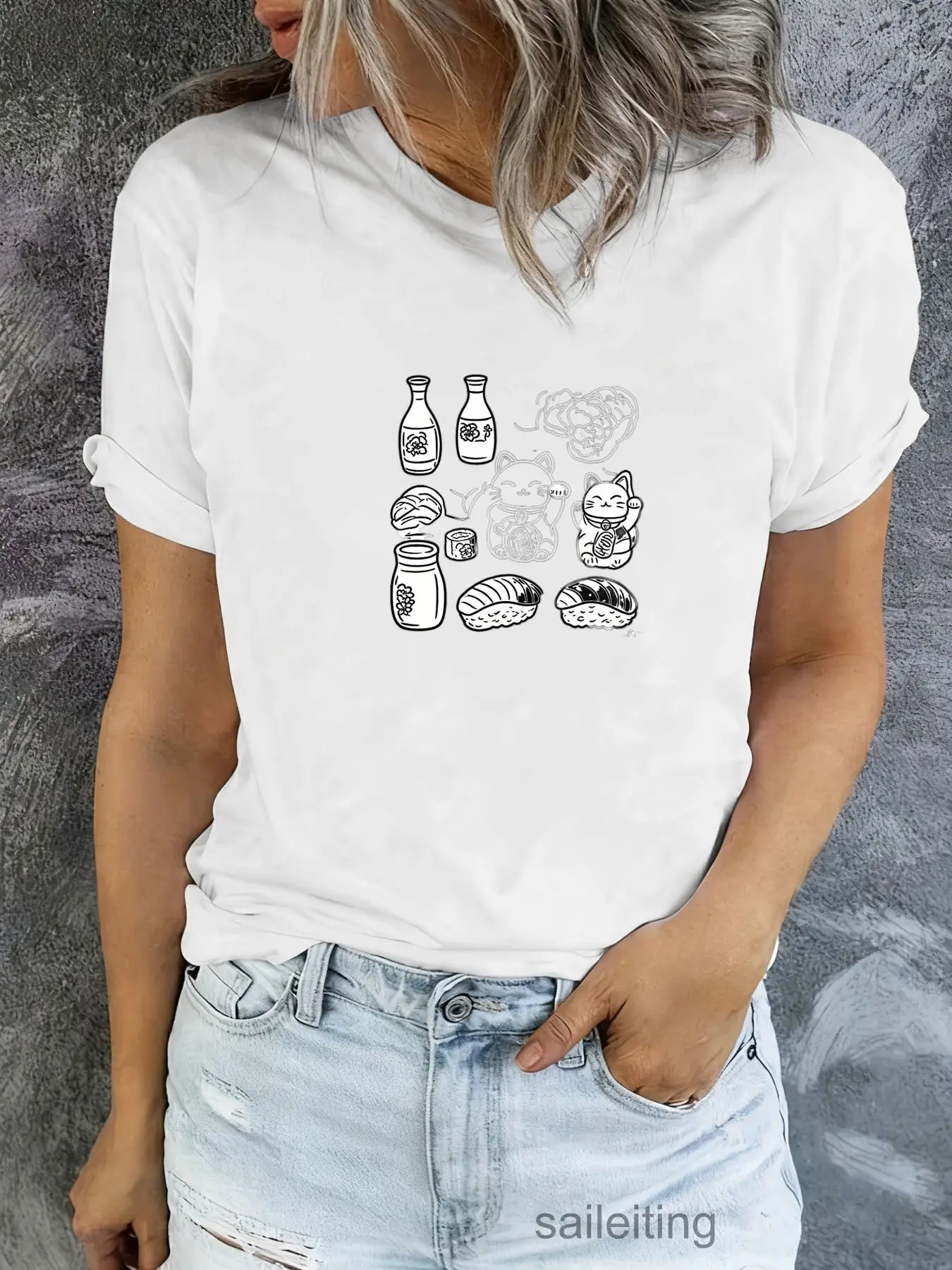 Japanisches Sake-Sushi-Ramen-Maneki-Neko-Katzen-Line-Art-T-Shirt, kurzärmliges, aufgerolltes T-Shirt, lässiges, atmungsaktives Sommer-Top für Damen