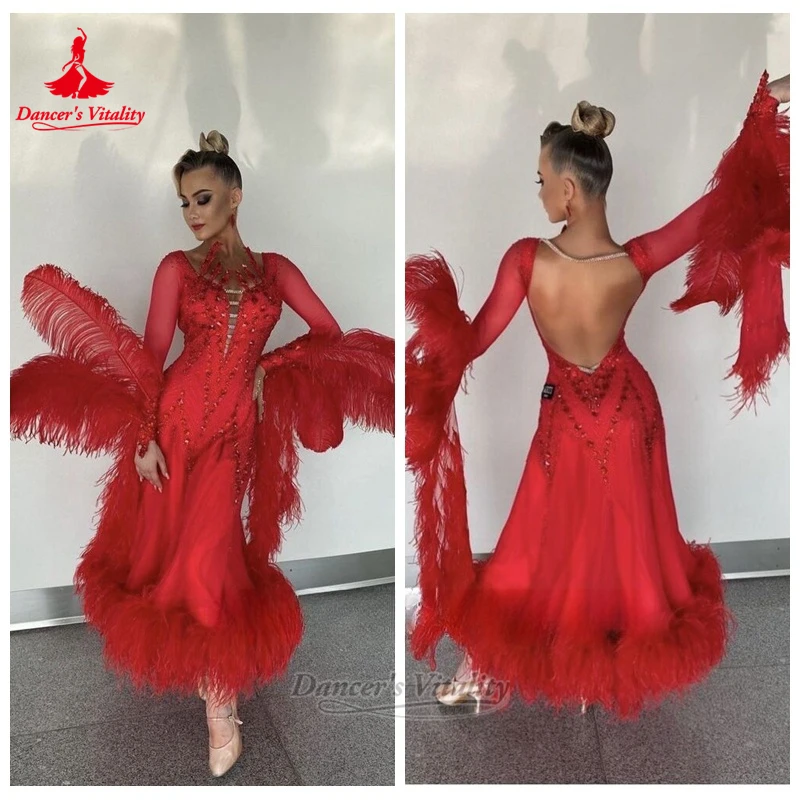 Female Ballroom Dance Ostrich Feather Mesh Splicing Long Sleeves Dresses Customize Dancer's Vitality Adult Waltz Contest Clothes