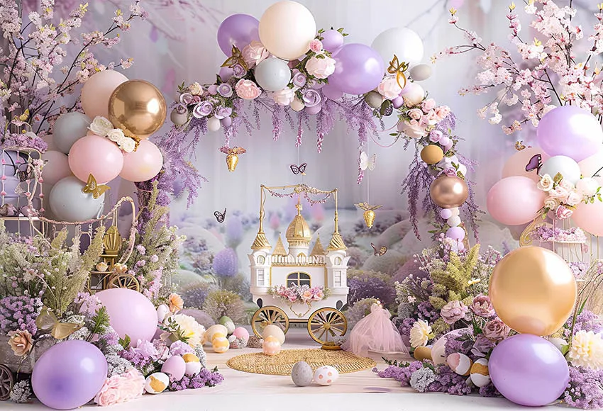 Mehofond Photography Backdrop Purple Castle Princess Birthday Party Flower Ballon Butterfly Background Cake Smash Decor Photos