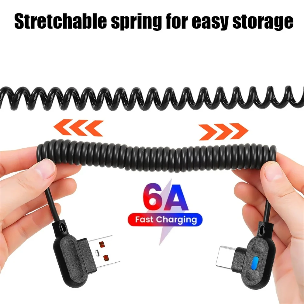 

90° Angle Elbow USB Type-C Fast Charging Spring Data Cable Spiral Coiled Retractable Data Cord Quick Charge For Huawei Samsung