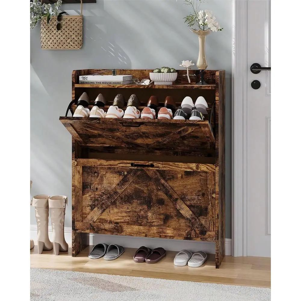 

Shoe Storage Organizer With 2 Flip Drawers, Rustic Brown Farmhouse Shoe Cabinet For Entryway, Foyer, Or Hallway, Slim Freestand