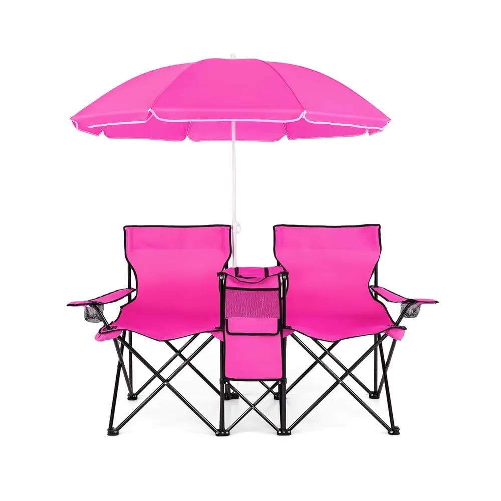 

Folding Double Camp Chair W/Removable Umbrella, Portable Picnic Chair W/Mini Table, Chair Set W/Beverage Holder, Portable
