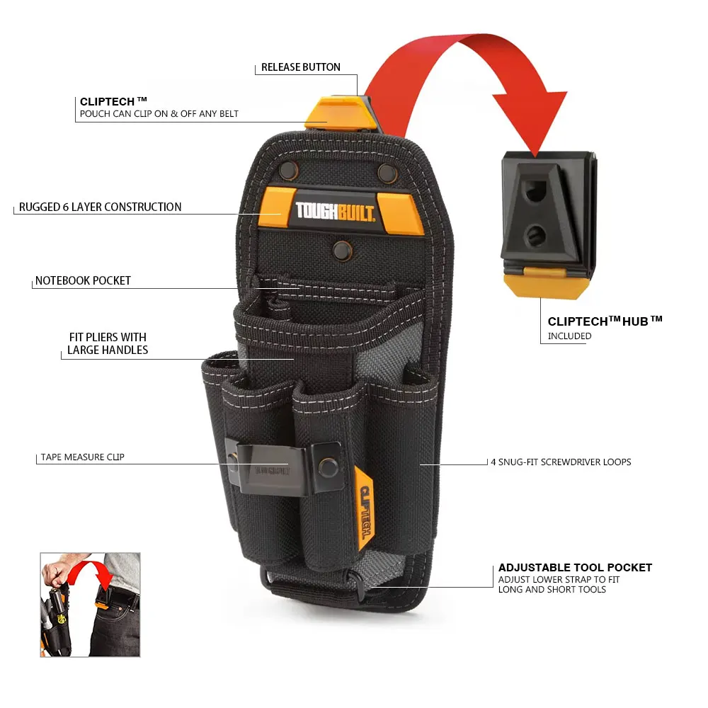 1 pc TOUGHBUILT  Technician Pouch with ClipTech hub 6-Pocket Tool Organizer, Black Polyester TB-CT-36-L6
