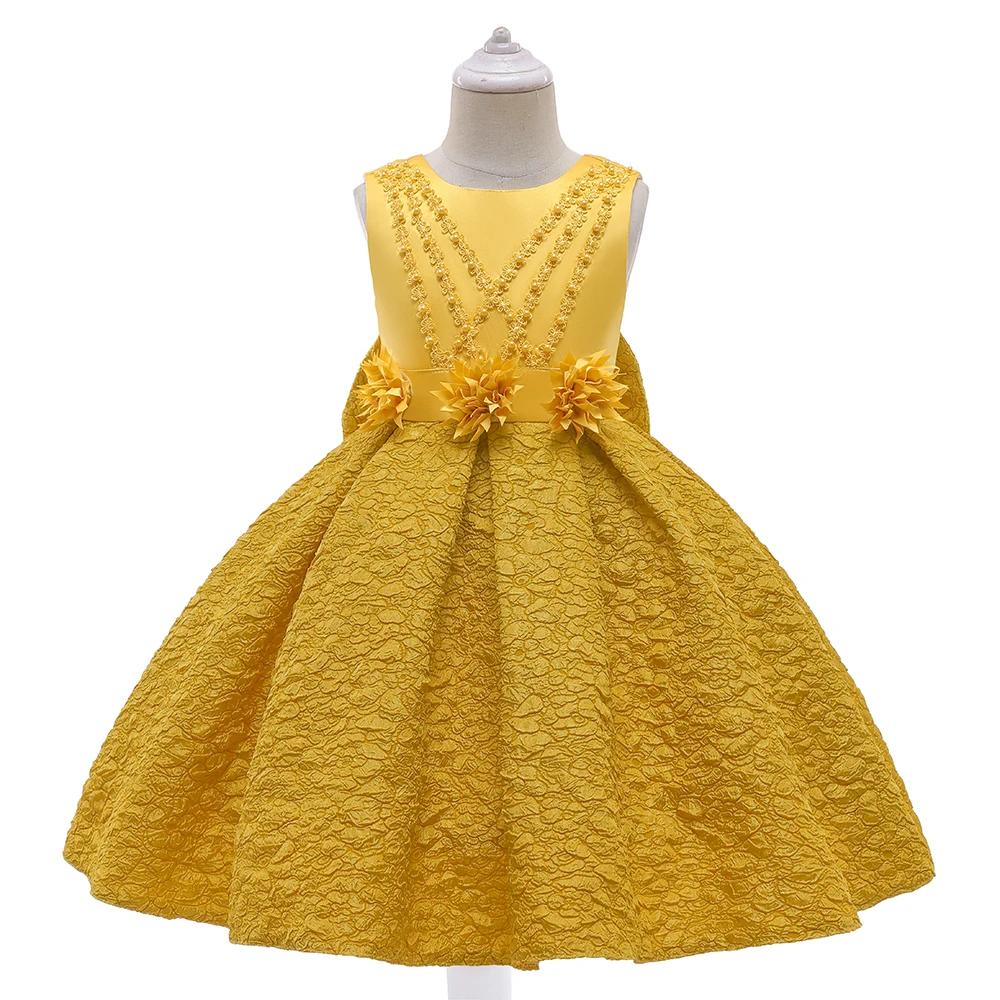 Summer Gold Bow Kids Party Dress For Girl Children Costume Elegant Flower Wedding Birthday Princess Dresses Evening Girls Clothe