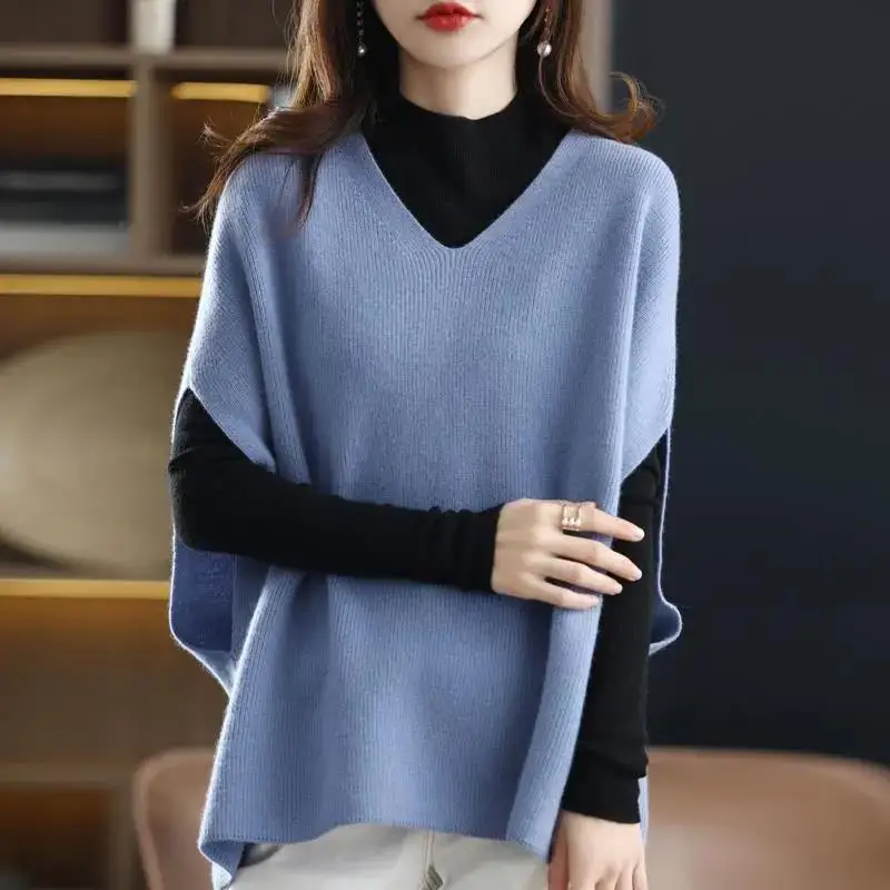 Stylish Korean Loose Knitted Sweater Vest Autumn Winter Sleeveless Female Clothing Casual V-Neck All-match Solid Color Jumpers