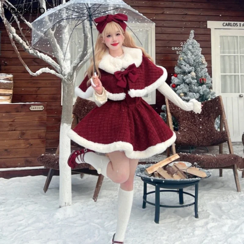 Autumn Winter Christmas Red Dress Sets Women Sweet Bow Plush Shawl Short Jackets Mini Skirts Suit Kawaii New Year 3 Piece Set