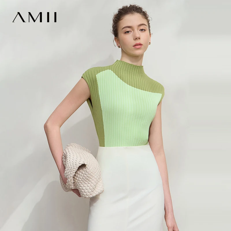 

Amii Minimalist Color Matching Women's Knitted Sweaters 2025 Summer New Sleeveless Pullover Semi-turtleneck Slim Top 12542001
